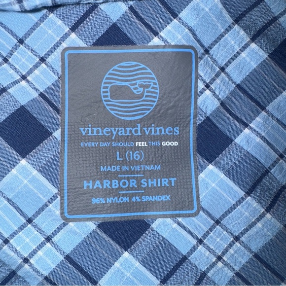 Vineyard Vines Performance Harbor Shirt Boys Kids Sz 16 Large Blue Plaid Fishing - Picture 6 of 9